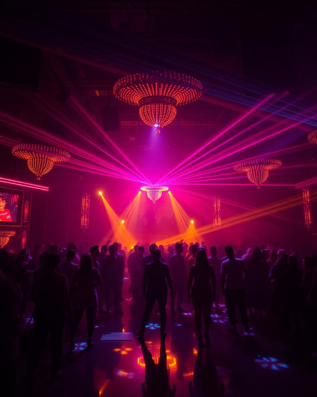 Crowded Las Vegas nightclub with kinetic chandelier and laser lights